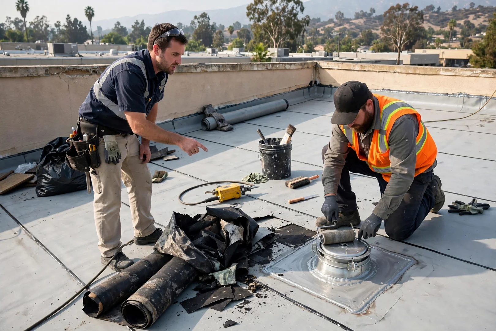 Commercial low-slope membrane roof with finished seams and new drain assemblies