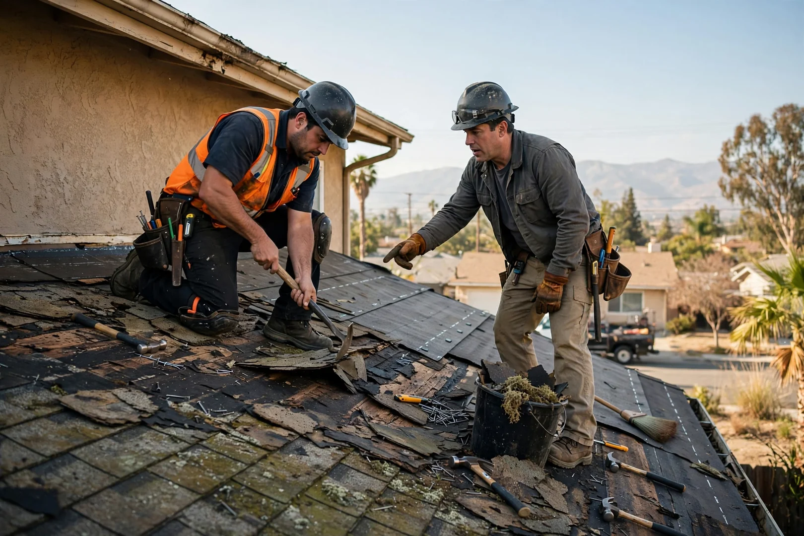 Roofing technician in fall protection harness inspecting flashing on a La Puente home