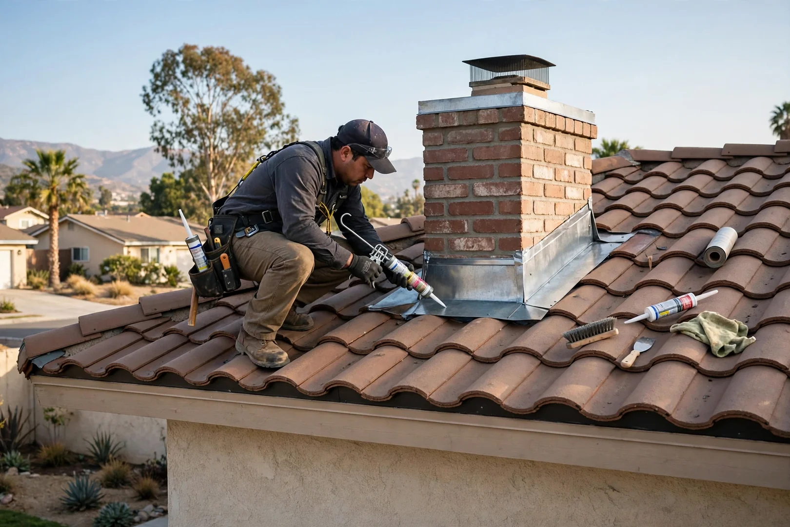 Restored tile roof on a La Puente home after repair and flashing replacement