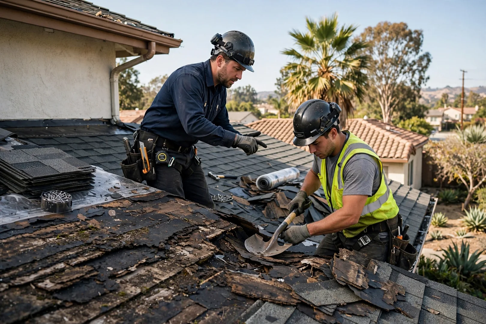 Roofing technicians inspecting tile and flashing details on a La Puente residential roof