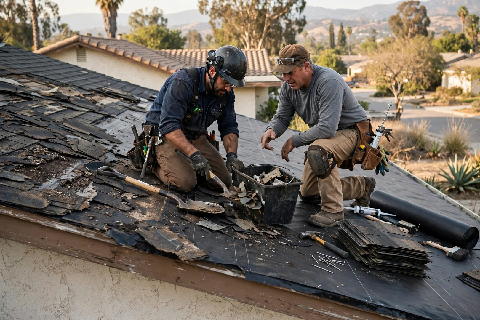 Roofer documenting wind-lifted shingles and damaged flashing during a storm damage roof assessment