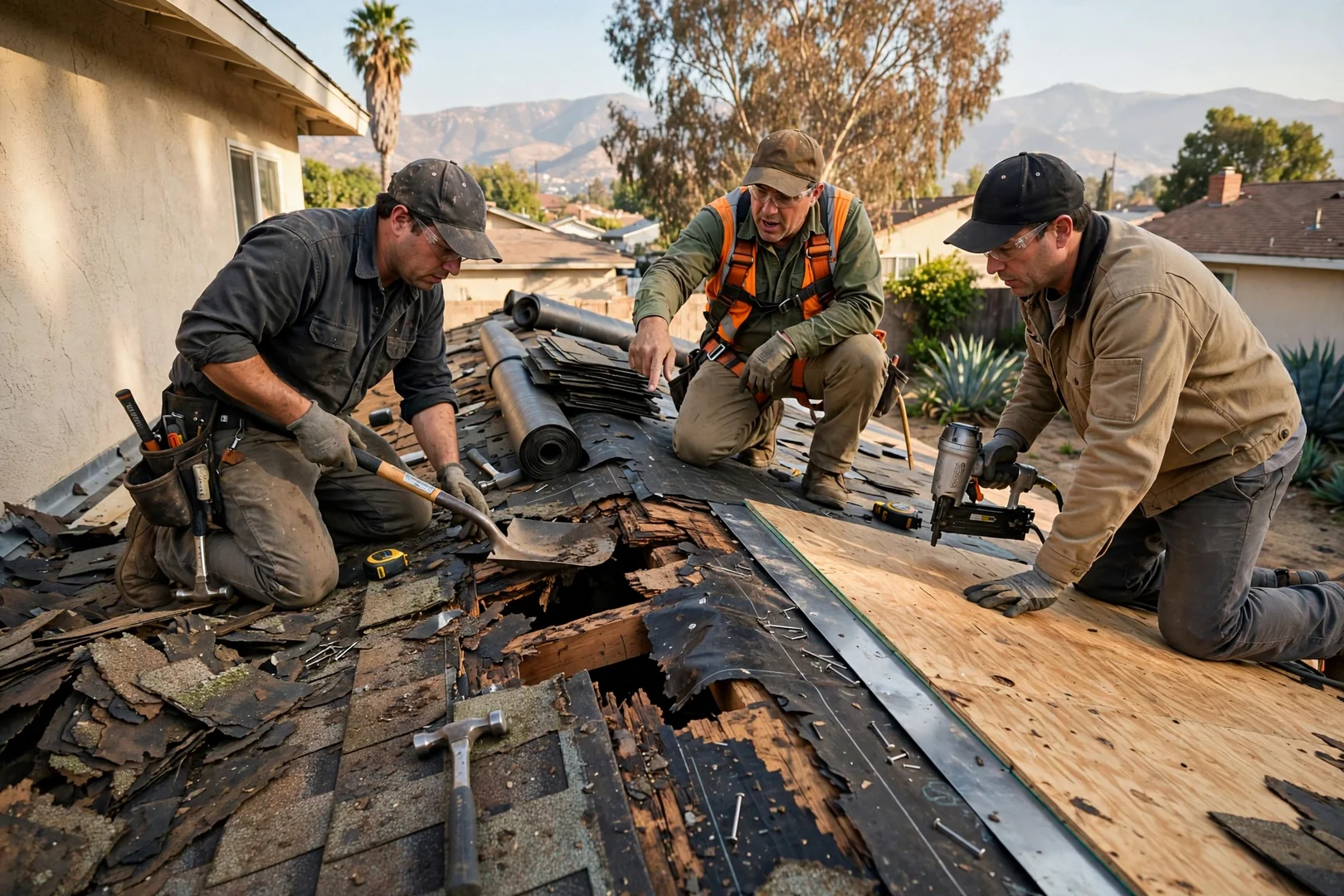 Roofing technician inspecting storm-damaged shingles and flashing on a La Puente home