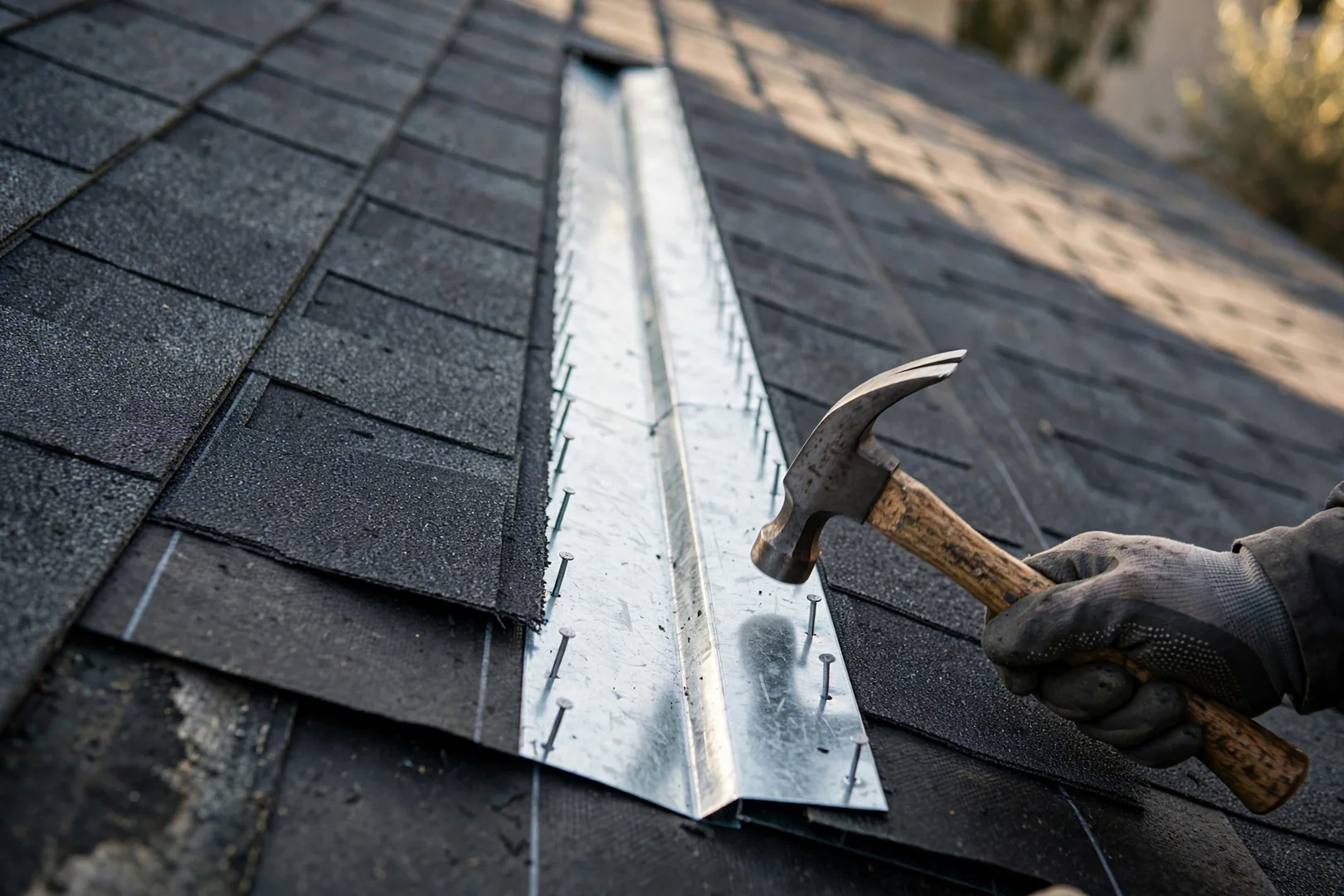 Close-up of replaced valley flashing and new underlayment on a repaired La Puente roof