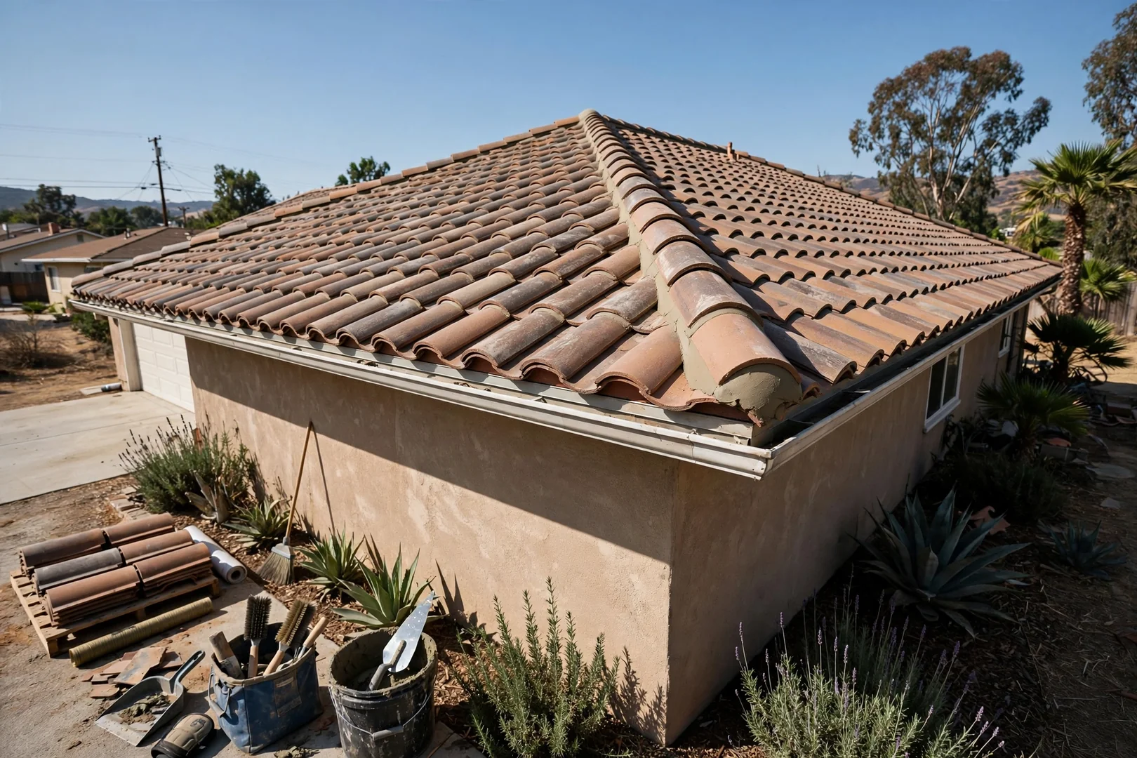 Wide view of restored clay tile roof section on an older single-family home