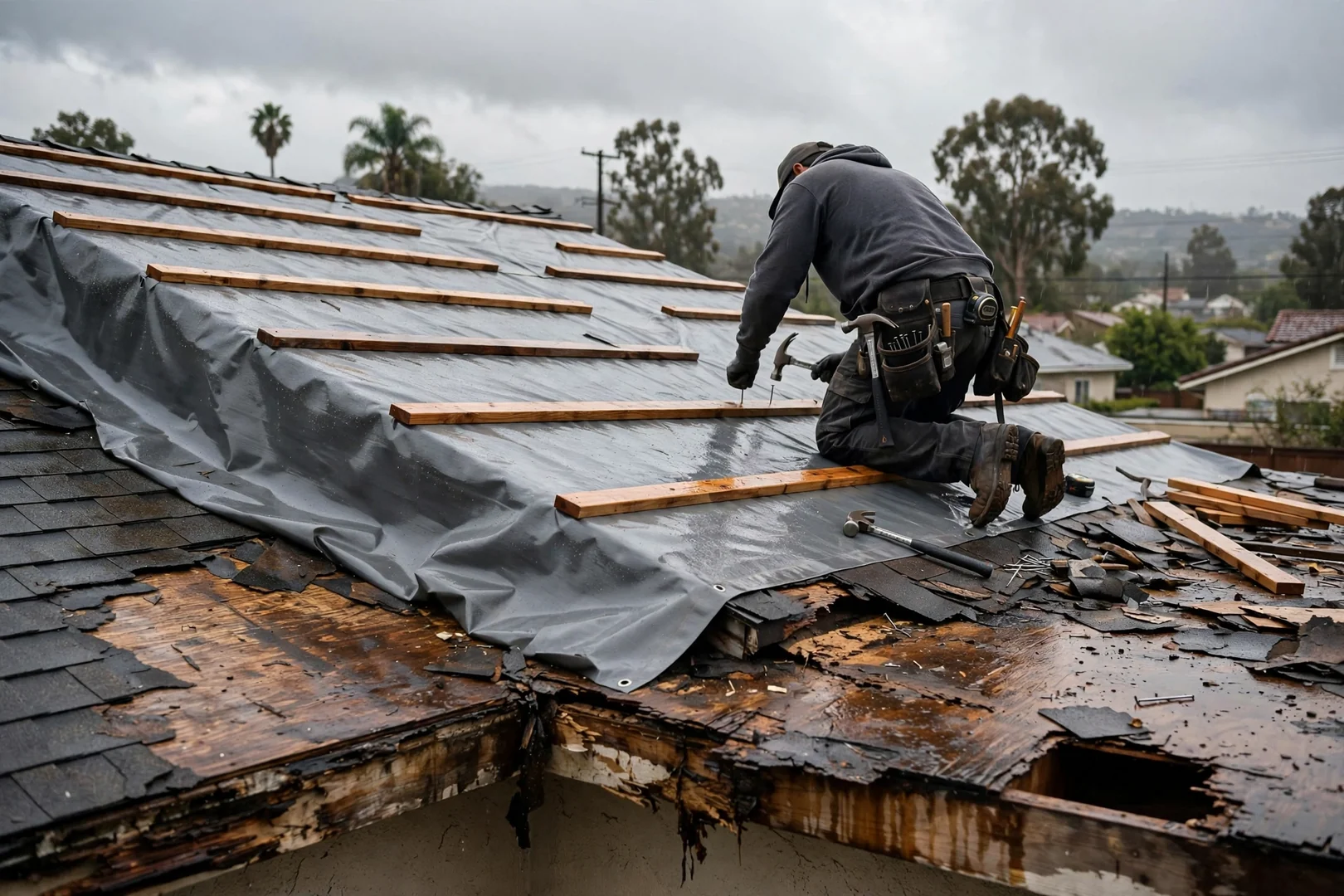 Temporary tarp and dry-in protection secured over a storm-damaged roof slope