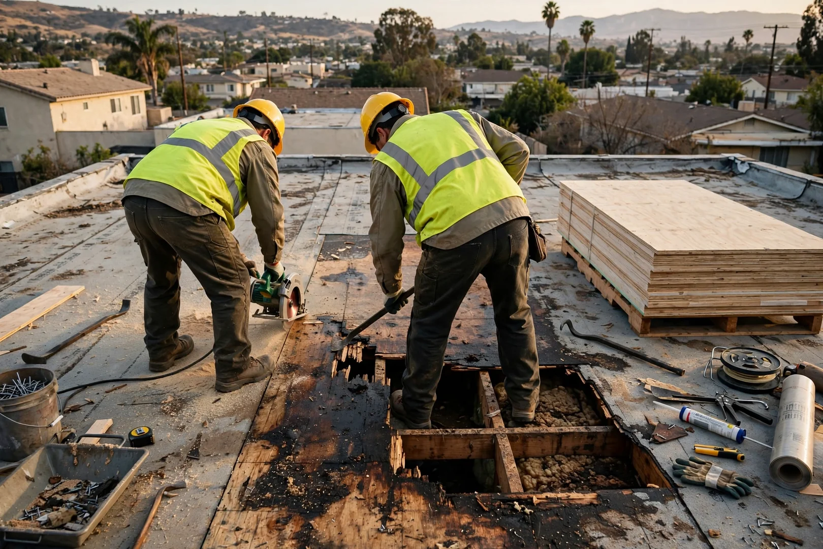 Roofing crew replacing water-damaged decking during storm repair on a low-slope section