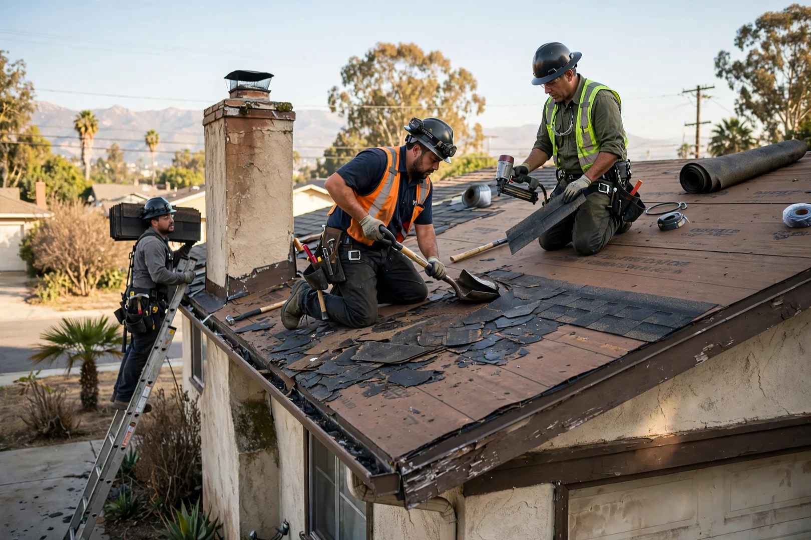 Technician inspecting storm-damaged roof decking